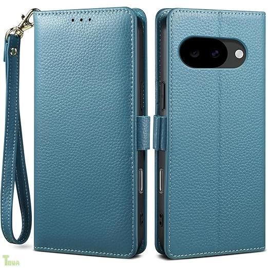 【2026 新登場! 高級シュリンクカーフレザー】Google Pixel 10a 用 ケース 手帳型 本革 牛革 カード収納 サイドマグネット式 横置きスタンド機能付き 上下にストラップホール付き ストラップ付 Pixel Series](10a、シアン)