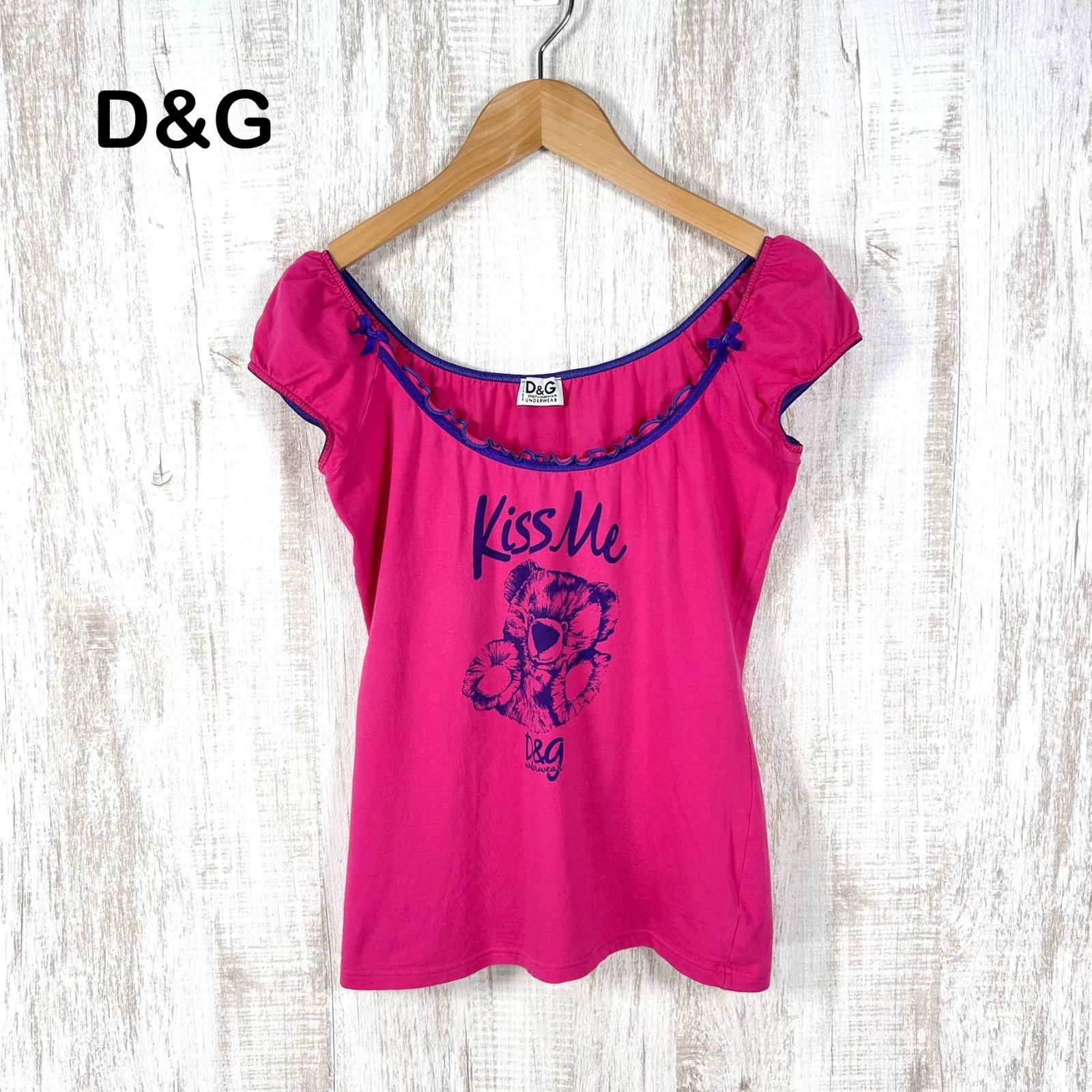 00s D&G DOLCE&GABBANA ドルチェアンドガッバーナ Kiss Me ベア クマプリント フリル リボン ティーンエージャー Tシャツ ピンク レディース トップス