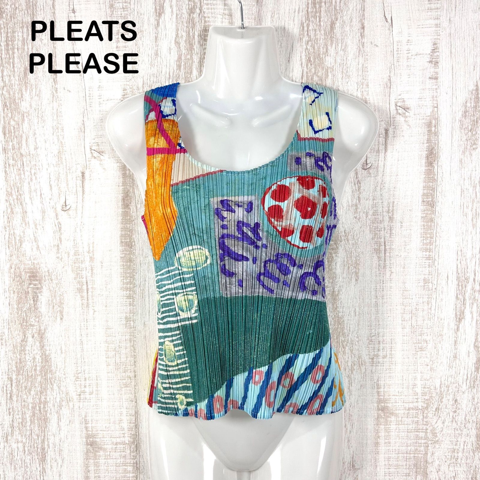 美品 ISSEY MIYAKE PLEATS PLEASE イッセイミヤケ プリーツプリーズ 総柄 プリーツ ノースリーブ カットソー マルチカラー