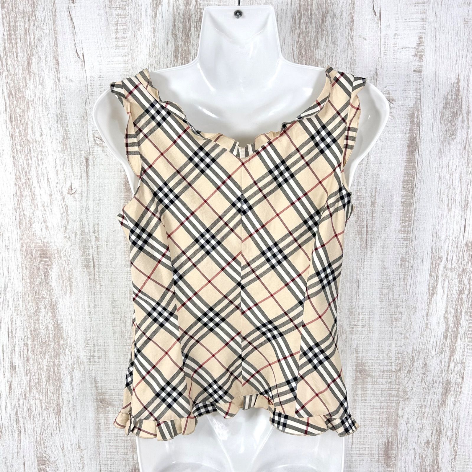 【BURBERRY】00sロゴ刺繍ノバチェック柄ストレッチタンクトップ　ベージュ 美品 00s BURBERRY BLUE LABEL バーバリーブルーレーベル ボリューム