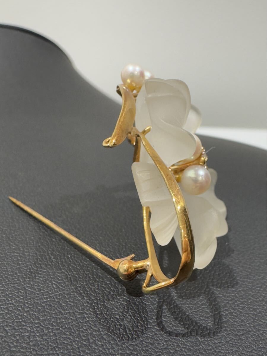 美品☆上品 K18 花の彫刻 水晶×パール×メレD0.01ct ブローチ 帯留め 髪 