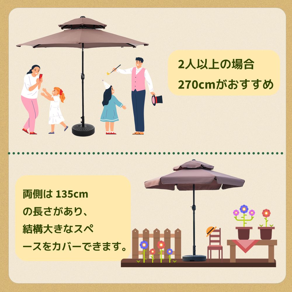 ブラウン・荷葉辺デザイン・直径220cm ・ベース付き】パラソル＋ベース