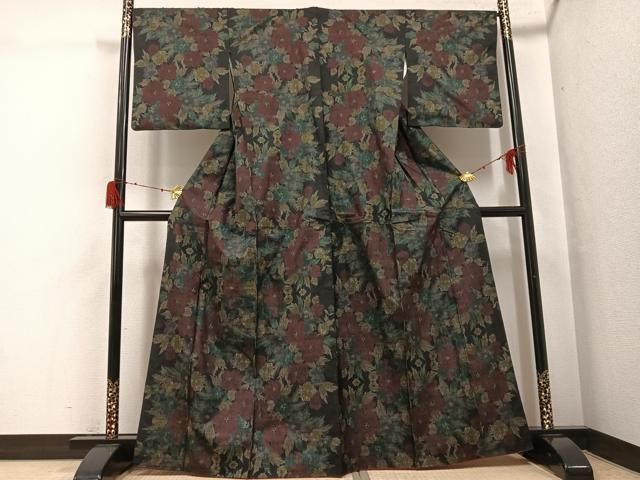 平和屋着物●本場大島紬　一元7マルキ　草花文　正絹　逸品　AABH2041ph 平和屋着物○本場大島紬 一元7マルキ 草花文 正絹 逸品 AABH2041ph