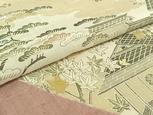 平和屋着物▽染織の名門　しょうざん  生紬　訪問着　単衣　絞り　手描き　風景花文　金彩　正絹　逸品　AABH2271jh 平和屋着物▽染織の名門 しょうざん 生紬 訪問着 単衣 絞り 手描き