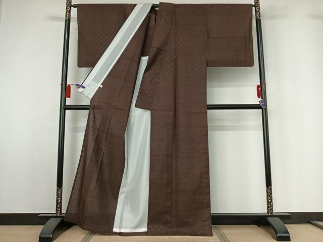 平和屋着物▽染織の名門　しょうざん  生紬　単衣　市松文様　反端付き　正絹　逸品　AABH2280jh 平和屋着物▽染織の名門 しょうざん 生紬 単衣 市松文様 反端付き 正絹