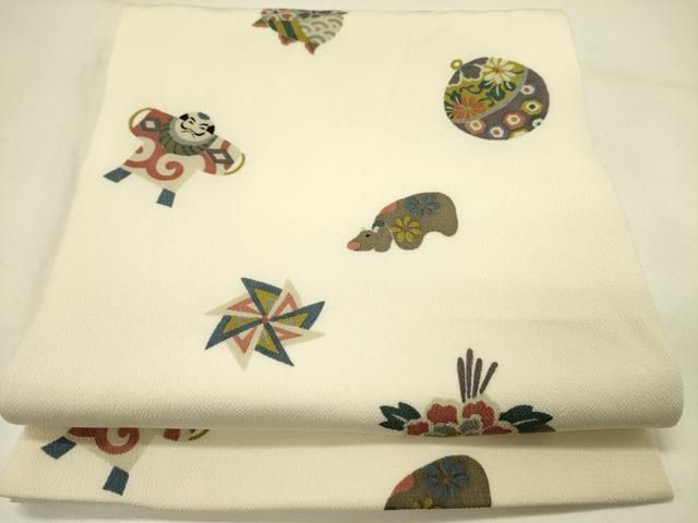 平和屋着物○九寸開き名古屋帯 型染 玩具文 鬼しぼ縮緬 正絹 逸品