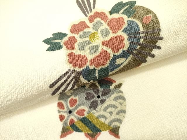 平和屋着物○九寸開き名古屋帯 型染 玩具文 鬼しぼ縮緬 正絹 逸品