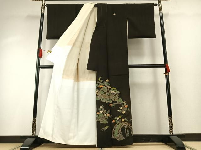 平和屋着物○創業130年 江戸染繍友禅 大彦 黒留袖 刺繍 風景文 金糸