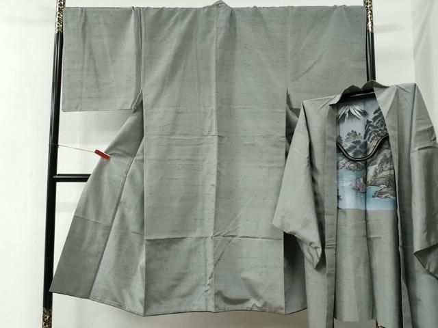 平和屋着物●男性　紬　アンサンブル　色無地　薄鈍色　さが美扱い　キングサイズ　正絹　逸品　CABE2570yc