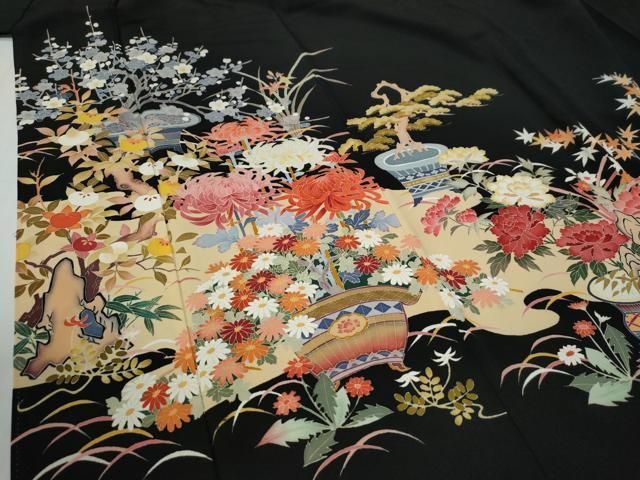 平和屋着物●豪華黒留袖　友禅　作家物　乱菊松竹梅花文　反端付き　正絹　逸品　CABE2577yc 平和屋着物○豪華黒留袖 友禅 作家物 乱菊松竹梅花文 反端付き 正絹