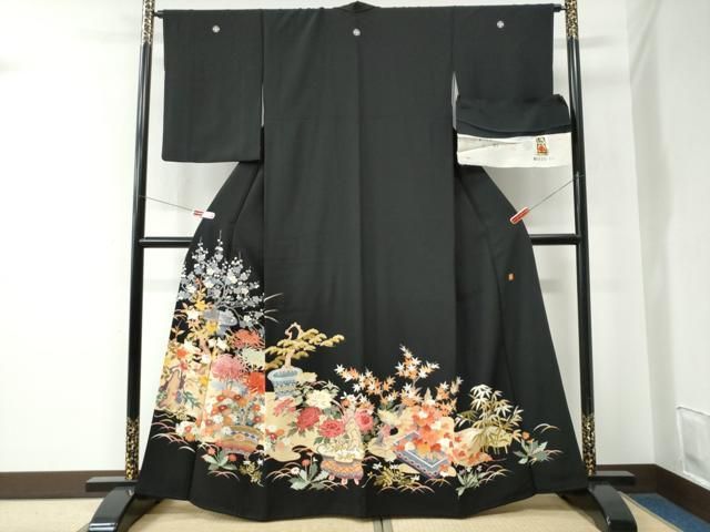 平和屋着物●豪華黒留袖　友禅　作家物　乱菊松竹梅花文　反端付き　正絹　逸品　CABE2577yc 平和屋着物○豪華黒留袖 友禅 作家物 乱菊松竹梅花文 反端付き 正絹
