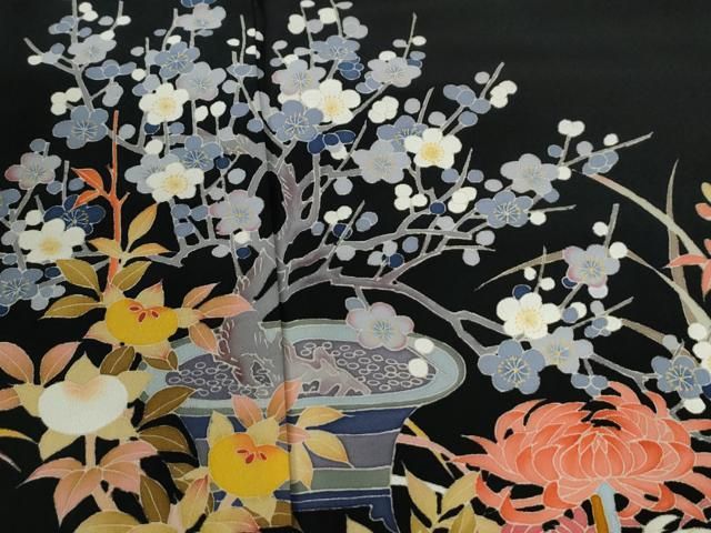 平和屋着物●豪華黒留袖　友禅　作家物　乱菊松竹梅花文　反端付き　正絹　逸品　CABE2577yc 平和屋着物○豪華黒留袖 友禅 作家物 乱菊松竹梅花文 反端付き 正絹