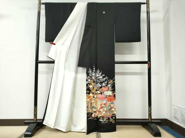 平和屋着物●豪華黒留袖　友禅　作家物　乱菊松竹梅花文　反端付き　正絹　逸品　CABE2577yc 平和屋着物○豪華黒留袖 友禅 作家物 乱菊松竹梅花文 反端付き 正絹