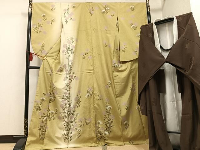 平和屋着物●小振袖　二尺袖・長襦袢(袷)セット　本場大島紬　染大島　枝花文　暈し染め　金彩　正絹　逸品　AABH4066ph 平和屋着物○小振袖 二尺袖・長襦袢(袷)セット 本場大島紬 染大島 枝花