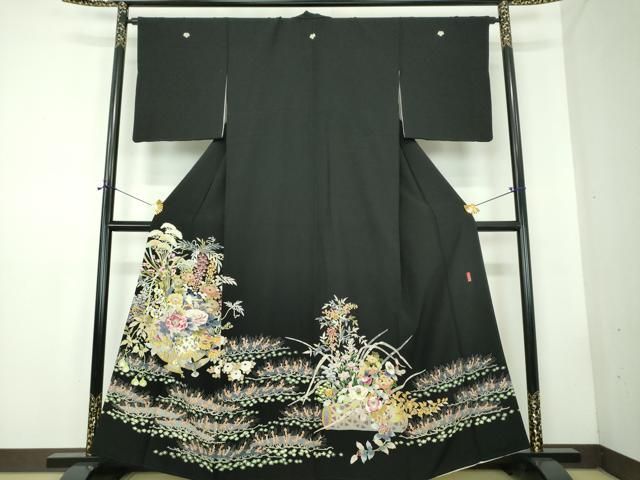 平和屋着物●本加賀友禅作家　木村喜博　黒留袖　飾花鳥文　正絹　逸品　DABD1842ps 平和屋着物○本加賀友禅作家 木村喜博 黒留袖 飾花鳥文 正絹 逸品