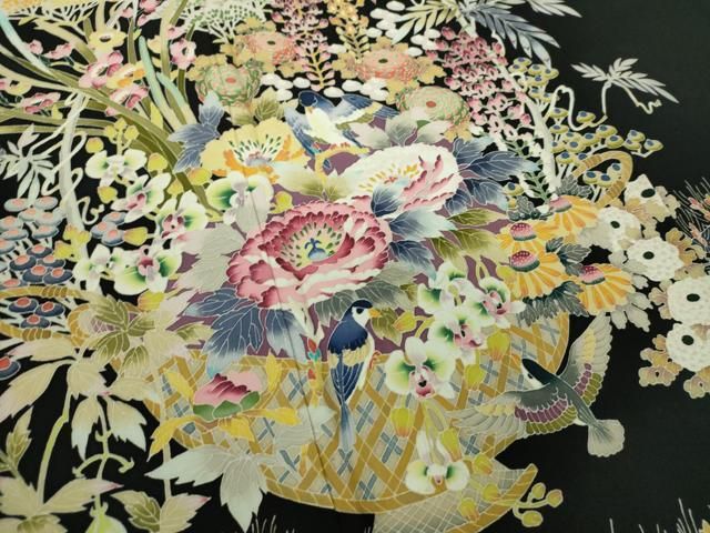 平和屋着物●本加賀友禅作家　木村喜博　黒留袖　飾花鳥文　正絹　逸品　DABD1842ps 平和屋着物○本加賀友禅作家 木村喜博 黒留袖 飾花鳥文 正絹 逸品
