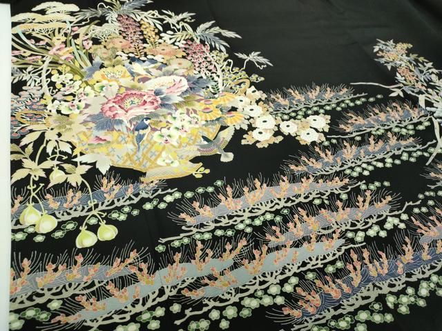 平和屋着物●本加賀友禅作家　木村喜博　黒留袖　飾花鳥文　正絹　逸品　DABD1842ps 平和屋着物○本加賀友禅作家 木村喜博 黒留袖 飾花鳥文 正絹 逸品