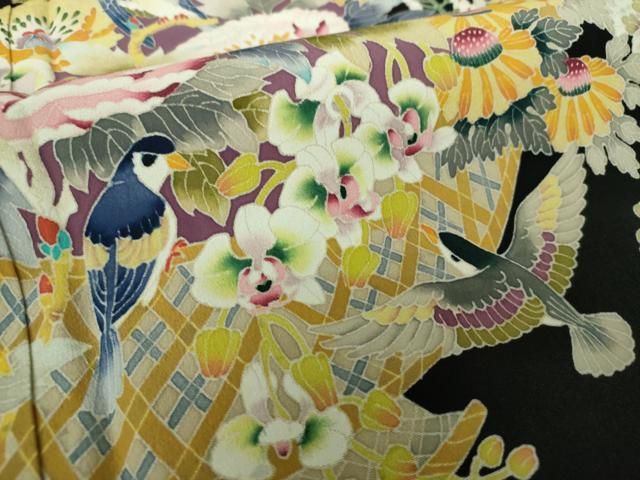 平和屋着物●本加賀友禅作家　木村喜博　黒留袖　飾花鳥文　正絹　逸品　DABD1842ps 平和屋着物○本加賀友禅作家 木村喜博 黒留袖 飾花鳥文 正絹 逸品