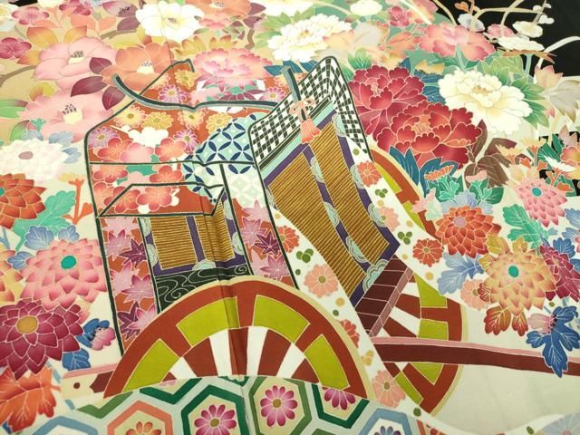 平和屋着物●本加賀友禅作家　百貫華峰　黒留袖　御所車花文　金彩　正絹　逸品　DABD1843ps 平和屋着物○本加賀友禅作家 百貫華峰 黒留袖 御所車花文 金彩 正絹