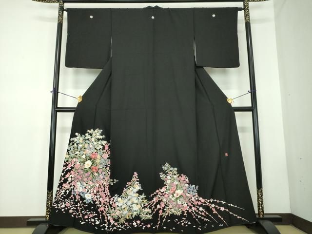 平和屋着物●豪華黒留袖　友禅　作家物　草花文　正絹　逸品　DABD1844ps 平和屋着物○豪華黒留袖 友禅 作家物 草花文 正絹 逸品 DABD1844ps