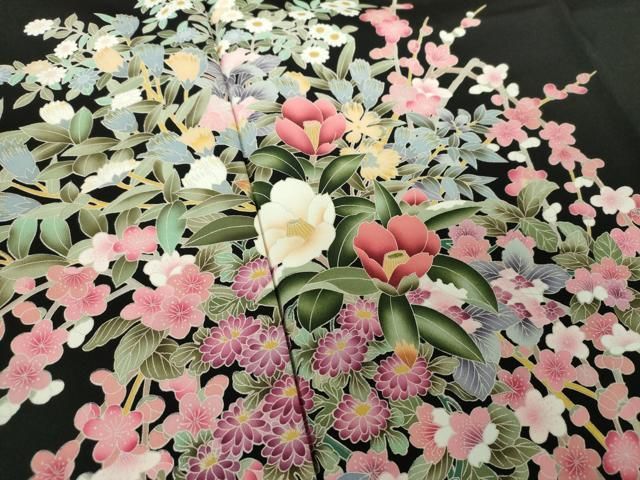 平和屋着物●豪華黒留袖　友禅　作家物　草花文　正絹　逸品　DABD1844ps 平和屋着物○豪華黒留袖 友禅 作家物 草花文 正絹 逸品 DABD1844ps