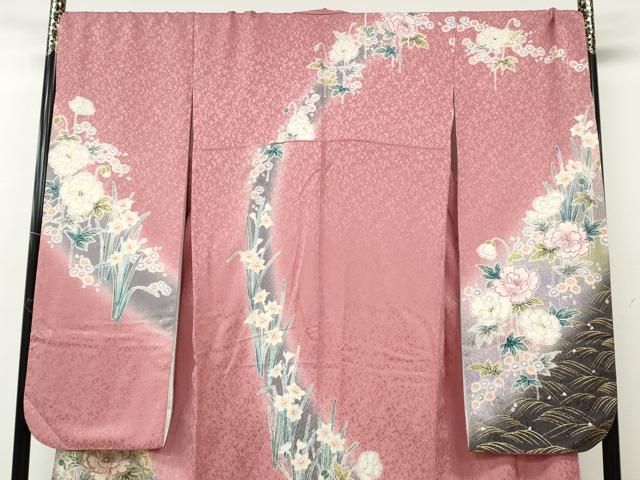 平和屋着物●吉澤友禅　豪華振袖・長襦袢セット　駒刺繍　草花尽くし　暈し染め　金通し地　正絹　逸品　CABE7038ut 平和屋着物○吉澤友禅 豪華振袖・長襦袢セット 駒刺繍 草花尽くし 暈し