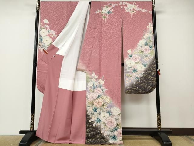 平和屋着物●吉澤友禅　豪華振袖・長襦袢セット　駒刺繍　草花尽くし　暈し染め　金通し地　正絹　逸品　CABE7038ut 平和屋着物○吉澤友禅 豪華振袖・長襦袢セット 駒刺繍 草花尽くし 暈し