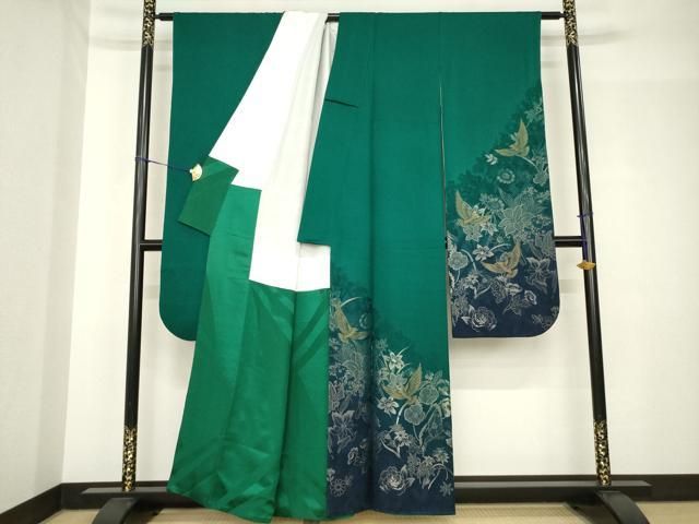平和屋着物●染色作家　斉藤三才　振袖　花鳥文　寿光織　正絹　逸品　AABH4272ck 平和屋着物○染色作家 斉藤三才 振袖 花鳥文 寿光織 正絹 逸品