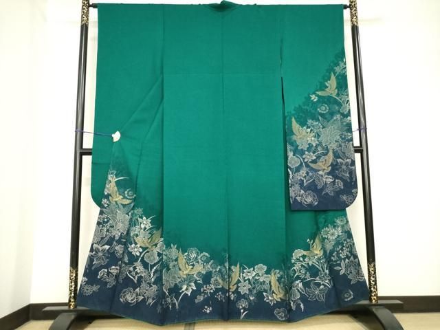 平和屋着物●染色作家　斉藤三才　振袖　花鳥文　寿光織　正絹　逸品　AABH4272ck 平和屋着物○染色作家 斉藤三才 振袖 花鳥文 寿光織 正絹 逸品