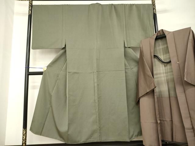 平和屋着物●男性　お召　アンサンブル　長羽織　色無地　海松茶色×銀煤竹色　高島屋扱い　正絹　逸品　AABH4594ck
