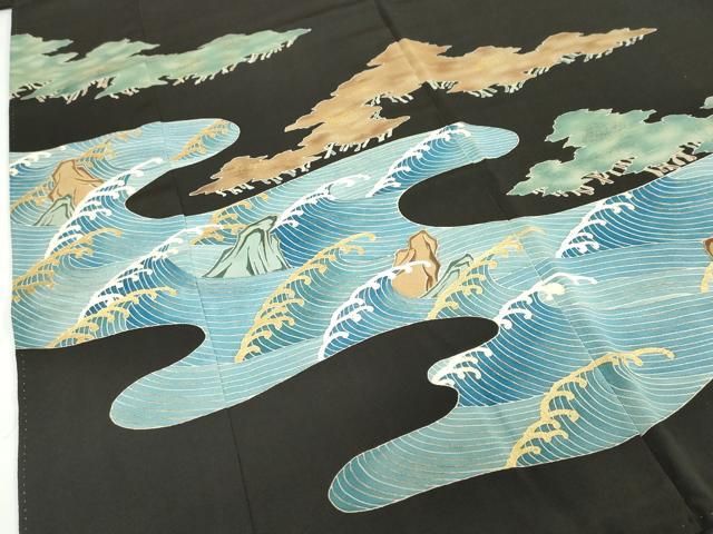 平和屋着物●創業130年　江戸染繍友禅　大彦　黒留袖　立波風景文　金彩　三越扱い　正絹　逸品　DABD9061ud 平和屋着物○創業130年 江戸染繍友禅 大彦 黒留袖 立波風景文 金彩