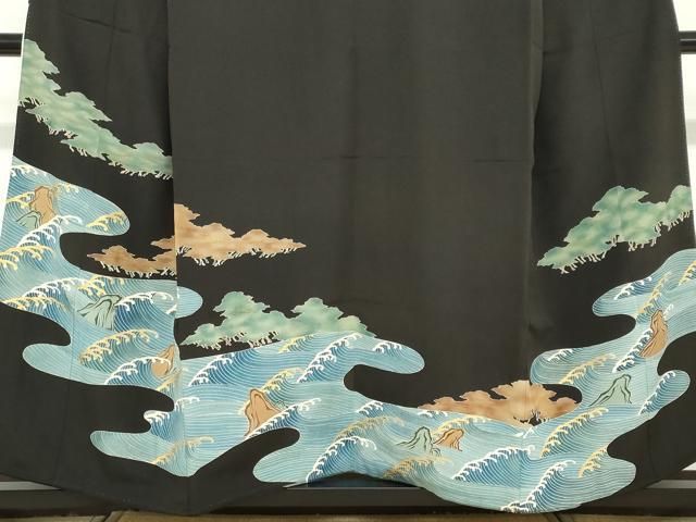 平和屋着物●創業130年　江戸染繍友禅　大彦　黒留袖　立波風景文　金彩　三越扱い　正絹　逸品　DABD9061ud 平和屋着物○創業130年 江戸染繍友禅 大彦 黒留袖 立波風景文 金彩