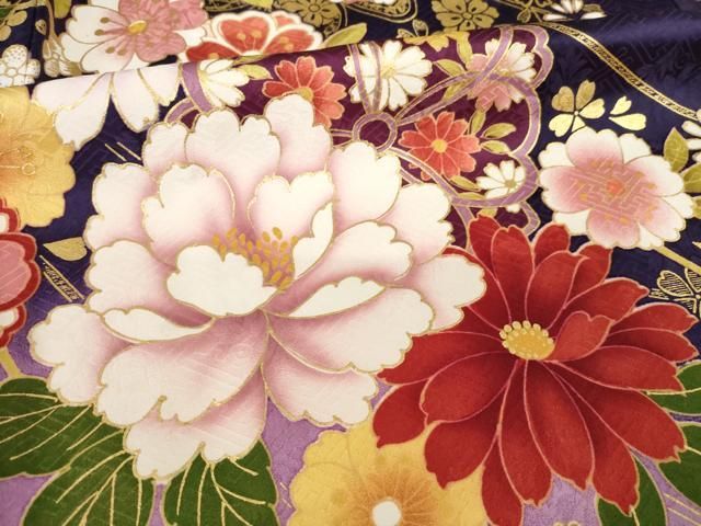 平和屋着物●豪華振袖　御所車雪輪花文　暈し染め　金彩　正絹　逸品　AABH5794ck 平和屋着物○豪華振袖 御所車雪輪花文 暈し染め 金彩 正絹 逸品