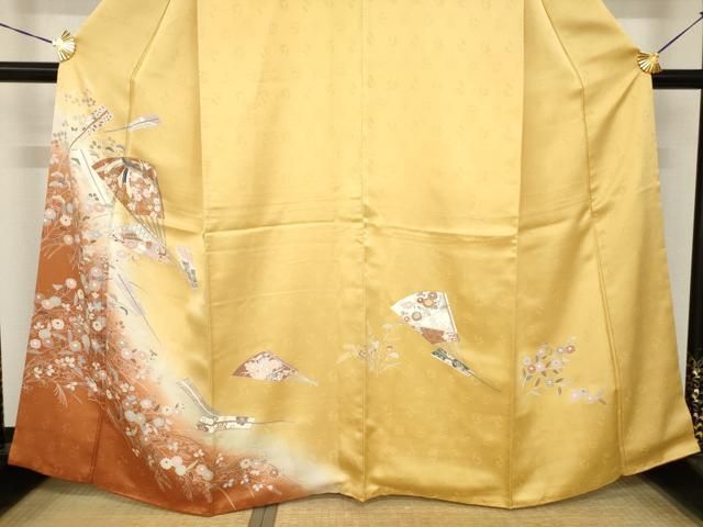平和屋着物●訪問着　友禅　駒刺繍　扇面花蝶文　暈し染め　金彩　正絹　逸品　AABH5832ck 平和屋着物○訪問着 友禅 駒刺繍 扇面花蝶文 暈し染め 金彩 正絹 逸品