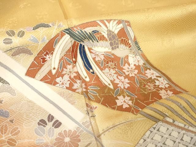 平和屋着物●訪問着　友禅　駒刺繍　扇面花蝶文　暈し染め　金彩　正絹　逸品　AABH5832ck 平和屋着物○訪問着 友禅 駒刺繍 扇面花蝶文 暈し染め 金彩 正絹 逸品