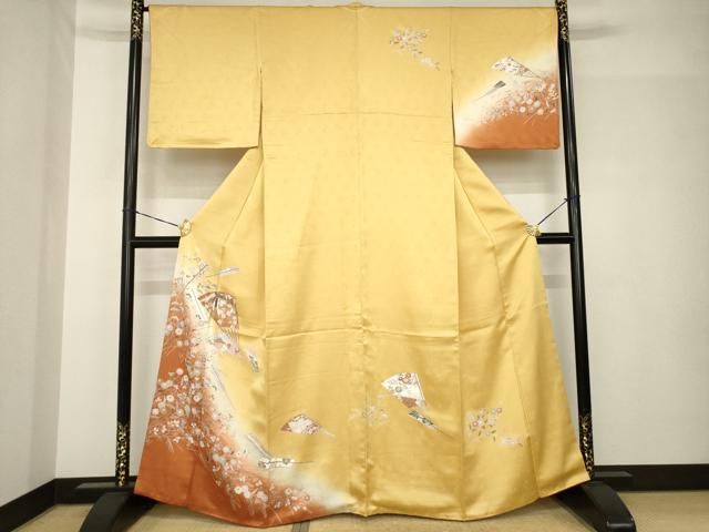 平和屋着物●訪問着　友禅　駒刺繍　扇面花蝶文　暈し染め　金彩　正絹　逸品　AABH5832ck 平和屋着物○訪問着 友禅 駒刺繍 扇面花蝶文 暈し染め 金彩 正絹 逸品