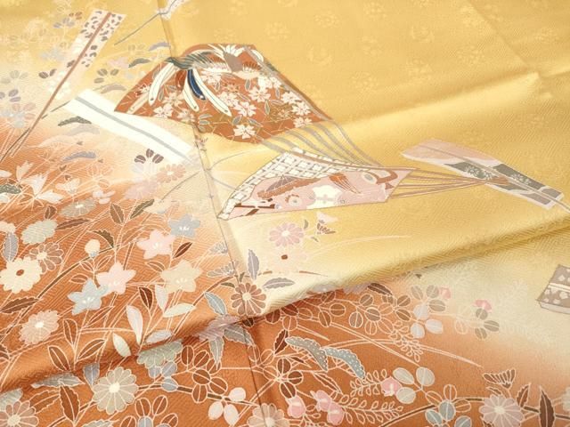 平和屋着物●訪問着　友禅　駒刺繍　扇面花蝶文　暈し染め　金彩　正絹　逸品　AABH5832ck 平和屋着物○訪問着 友禅 駒刺繍 扇面花蝶文 暈し染め 金彩 正絹 逸品