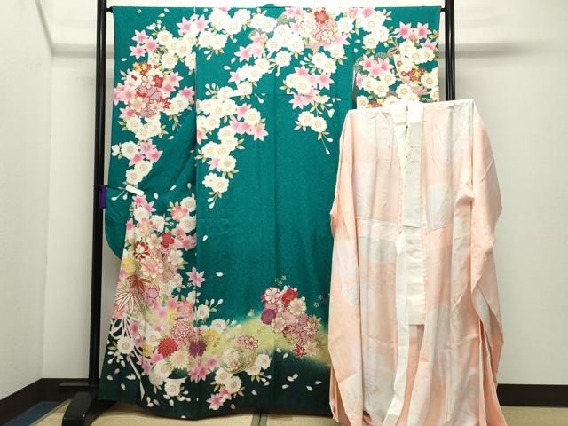 平和屋着物●豪華振袖・長襦袢セット　駒刺繍　舞花文　暈し染め　金彩　銀通し地　半衿刺繍　正絹　逸品　CABD9086gh 平和屋着物○豪華振袖・長襦袢セット 駒刺繍 舞花文 暈し染め 金彩 銀