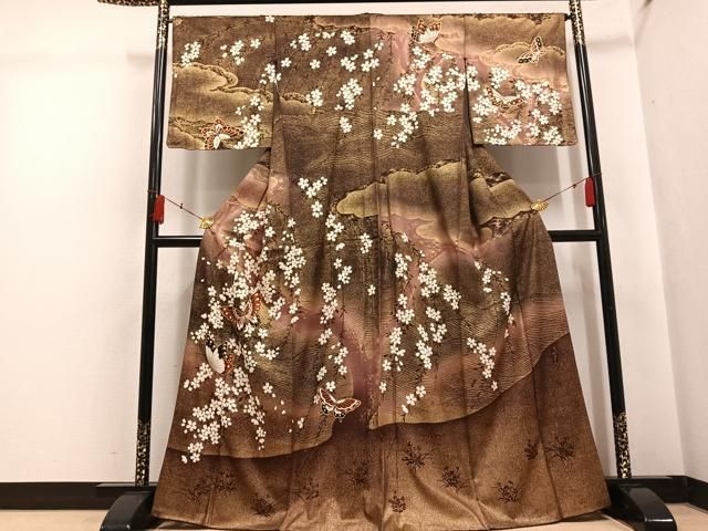 平和屋着物●森英恵・HANAE MORI　訪問着　花蝶文　金彩　正絹　逸品　AABH5280ph 平和屋着物○森英恵・HANAE MORI 訪問着 花蝶文 金彩 正絹 逸品