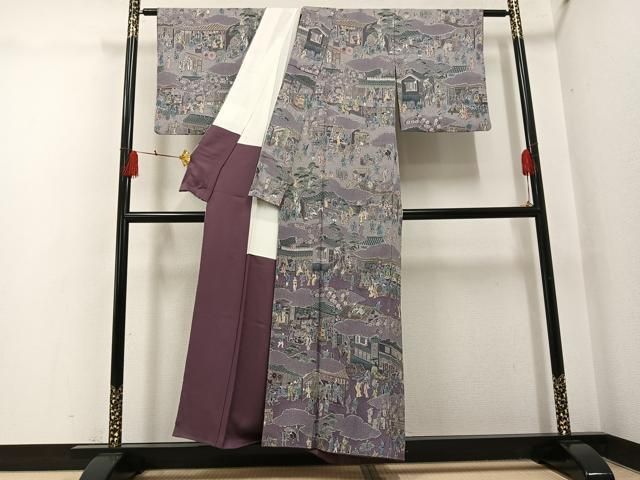 平和屋着物●日本画家　霜鳥忍の世界　彩天目織　お召　訪問着　彩り天目織　人物風景文　正絹　逸品　AABH5305ph 平和屋着物○日本画家 霜鳥忍の世界 彩天目織 お召 訪問着 彩り天目織