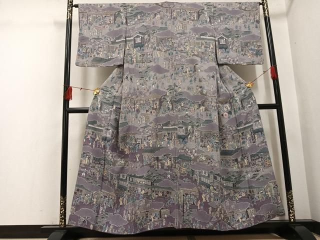 平和屋着物●日本画家　霜鳥忍の世界　彩天目織　お召　訪問着　彩り天目織　人物風景文　正絹　逸品　AABH5305ph 平和屋着物○日本画家 霜鳥忍の世界 彩天目織 お召 訪問着 彩り天目織