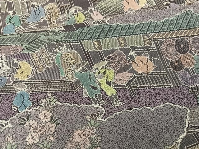 平和屋着物●日本画家　霜鳥忍の世界　彩天目織　お召　訪問着　彩り天目織　人物風景文　正絹　逸品　AABH5305ph 平和屋着物○日本画家 霜鳥忍の世界 彩天目織 お召 訪問着 彩り天目織