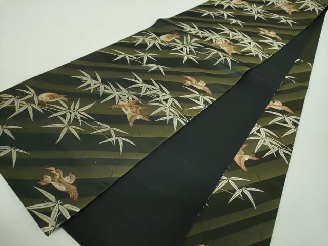 平和屋着物●六通柄袋帯　唐織　笹竹に雀　黒地　正絹　逸品　DABE5057ps 平和屋着物○六通柄袋帯 唐織 笹竹に雀 黒地 正絹 逸品 DABE5057ps