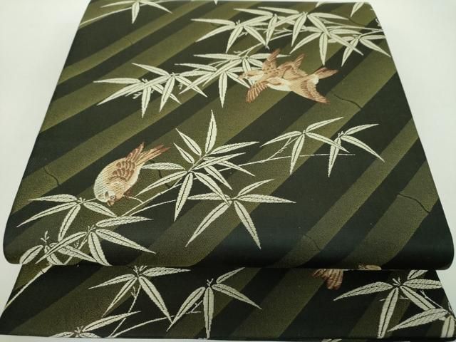 平和屋着物●六通柄袋帯　唐織　笹竹に雀　黒地　正絹　逸品　DABE5057ps 平和屋着物○六通柄袋帯 唐織 笹竹に雀 黒地 正絹 逸品 DABE5057ps