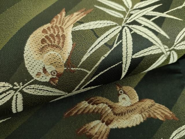 平和屋着物●六通柄袋帯　唐織　笹竹に雀　黒地　正絹　逸品　DABE5057ps 平和屋着物○六通柄袋帯 唐織 笹竹に雀 黒地 正絹 逸品 DABE5057ps