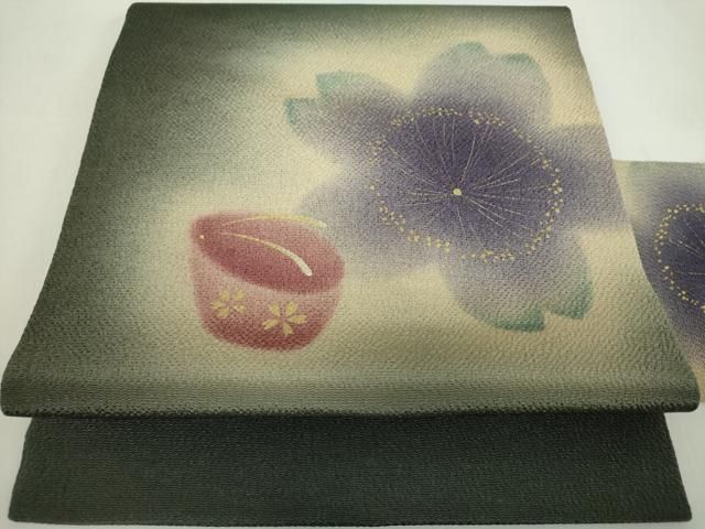 平和屋着物●九寸名古屋帯　舞桜　ぽっくり下駄　鬼しぼ縮緬　金彩　ゑり善扱い　正絹　逸品　DABE5077ps 平和屋着物○九寸名古屋帯 舞桜 ぽっくり下駄 鬼しぼ縮緬 金彩 ゑり善