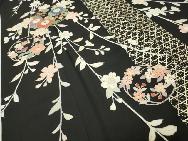 平和屋着物●訪問着　枝垂れ花丸文　黒地　金銀彩　正絹　逸品　CABD9159gh 平和屋着物○訪問着 枝垂れ花丸文 黒地 金銀彩 正絹 逸品 CABD9159gh
