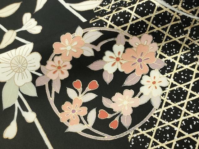 平和屋着物●訪問着　枝垂れ花丸文　黒地　金銀彩　正絹　逸品　CABD9159gh 平和屋着物○訪問着 枝垂れ花丸文 黒地 金銀彩 正絹 逸品 CABD9159gh