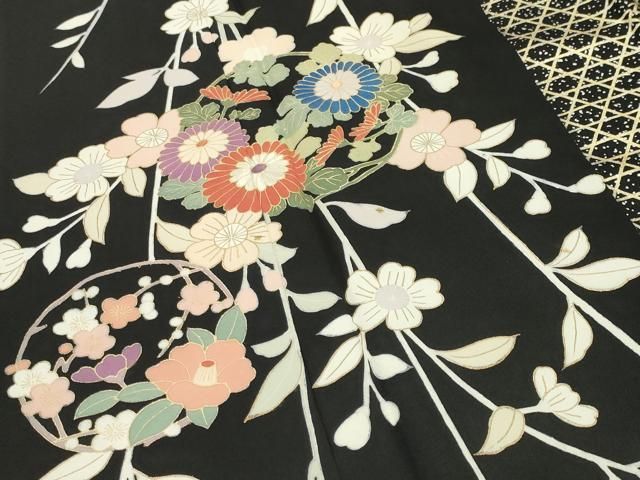 平和屋着物●訪問着　枝垂れ花丸文　黒地　金銀彩　正絹　逸品　CABD9159gh 平和屋着物○訪問着 枝垂れ花丸文 黒地 金銀彩 正絹 逸品 CABD9159gh
