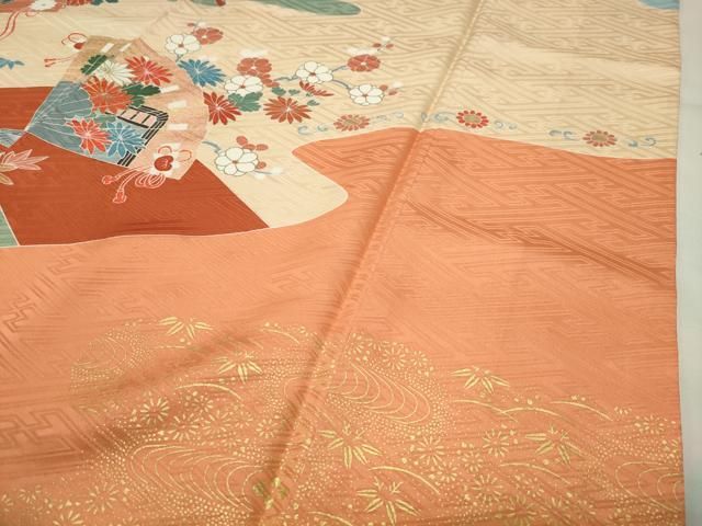 平和屋着物●創業460年・千總　振袖　駒刺繍　御所車檜扇花文　金彩　小田急百貨店扱い　正絹　逸品　CABD9163gh 平和屋着物○創業460年・千總 振袖 駒刺繍 御所車檜扇花文 金彩 小田急